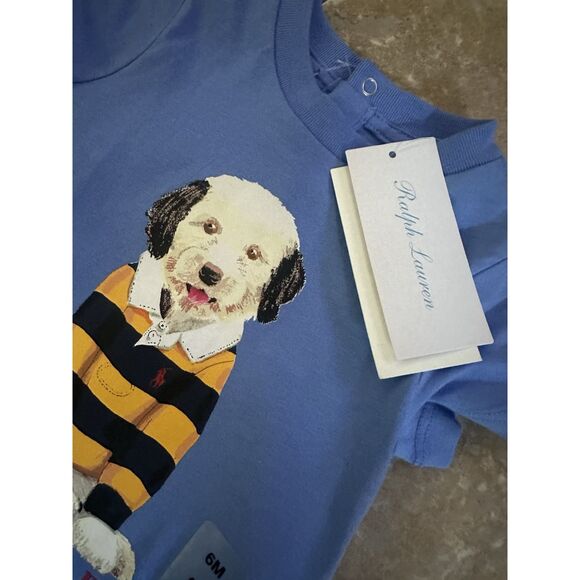 NWT Polo Ralph Lauren 6M One Piece Bodysuit Dog Print Blue - Picture 2 of 4